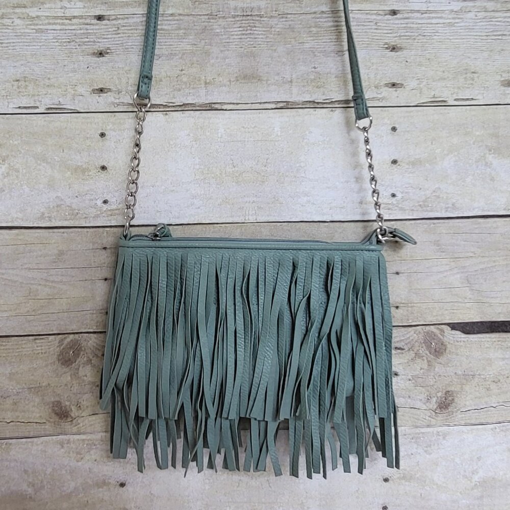 Green Faux Leather Mint Green Fringe Purse
